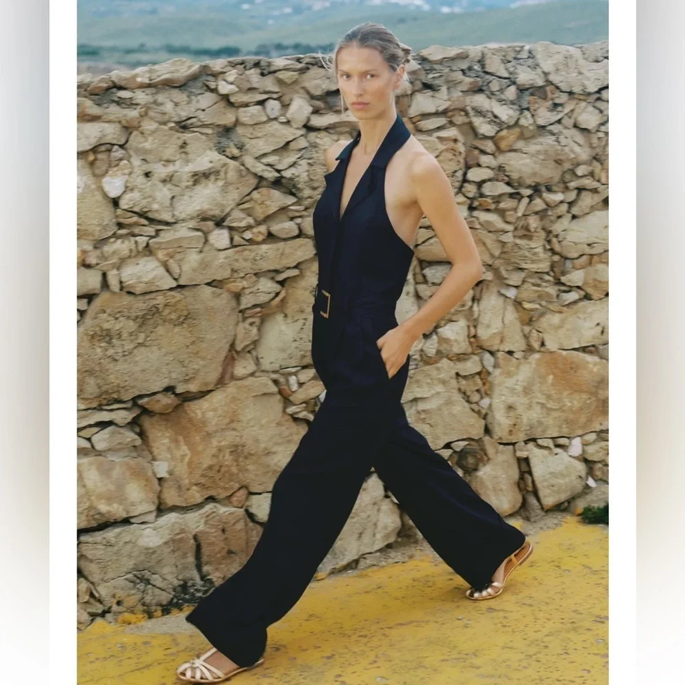 Zara Halter Belted Linen Jumpsuit